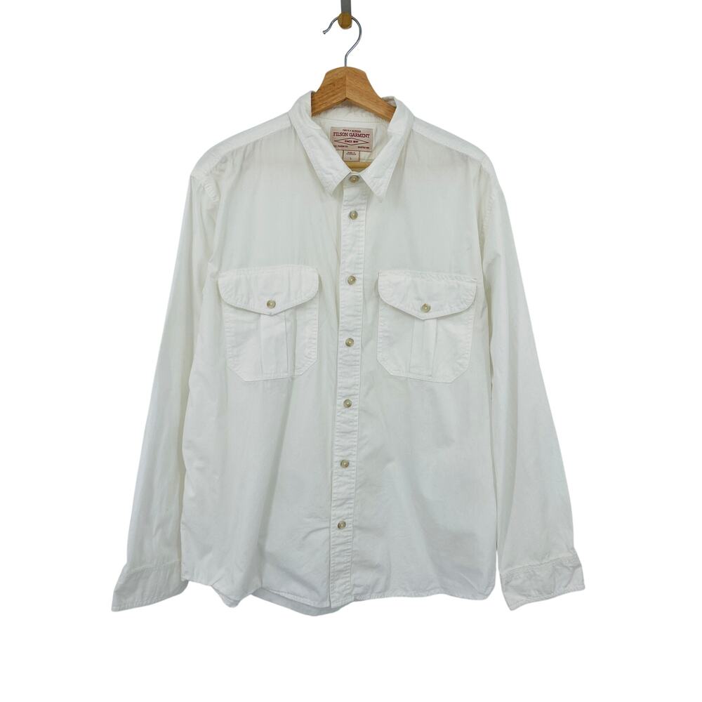 Filson white cotton double breasted long sleeve button dwon